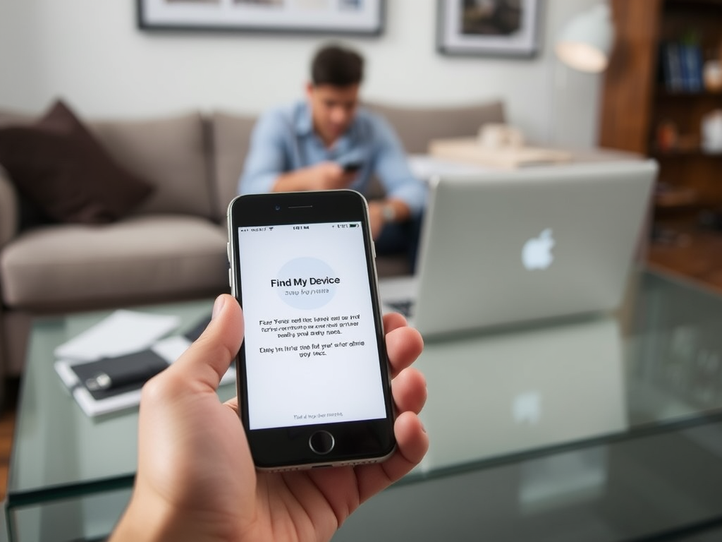 A person holding a phone displaying "Find My Device" with a laptop and a figure seated in the background.