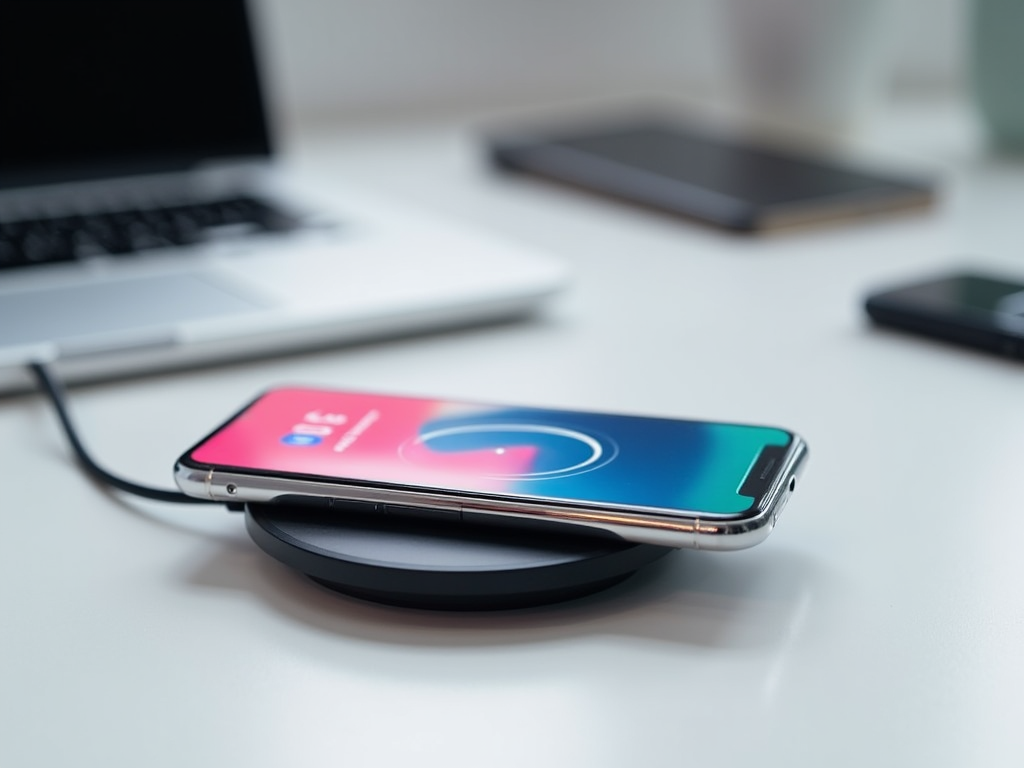 Smartphone charging on a wireless pad with laptop in background on a white desk.