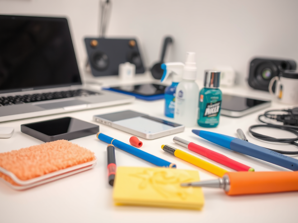 A workspace featuring a laptop, tablets, various pens, cleaning supplies, and a notepad on a white desk.