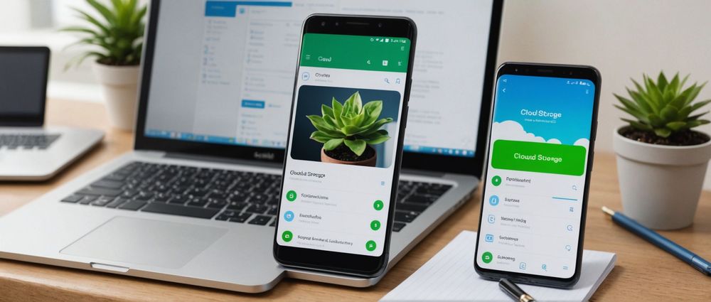 Рабочий стол с ноутбуком, смартфонами и блокнотом, показывающими приложение для облачного хранения.